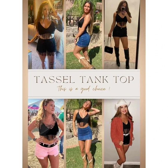Women Tassel Tank Concert Outfits Festival Clothes  Rave V-Neck Sleeveless Shirt - Picture 5 of 6